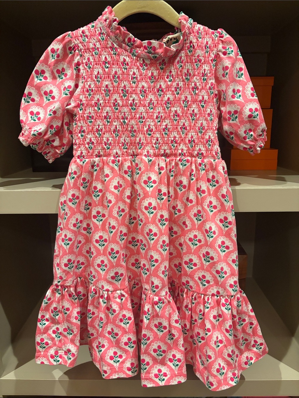 Girls' Mini Boden Pink Floral Smocked Cotton Dress Size 4-5